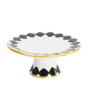 Black Diamonds on White MacKenzie Style Ceramic Cake Stand 8" Gold Trim Glam