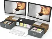 Dual Monitor Stand Riser with Two Drawers Extra Large Storage for 2 Monitors