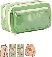 Capybara Bear 9-Layer Flip Canvas Pen Case Cute Pencil Holder Pencil Bag: Capybara Brooch,Capybara Stickers, Green Capybara Pencil Case