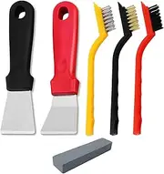 JXPXJMY 5PCS Cleaning Tool Set Including 2 Scrapers and 3 Brushes, Stainless Steel Multifunctional Scraper with Sharpening Stone for Stove Cookware Oven Floor Drain Refrigerator (Red/Black)