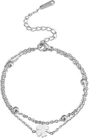 [EUEAVAN] Lucky Four Leaf Clover Layered Bracelet Cute Simple Personalized Good Luck Charm Shamrock Bangle Irish Jewelry Gift Women Girlfriend