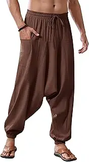 [Runcati] Men's Cotton Harem Trousers Baggy Hippie Casual Linen Yoga Trousers Beach Deep Crotch Trouser