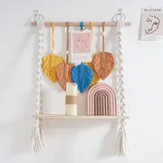 Macrame Wall Hanging Shelf Tier 1, Handmade Boho Macrame Wall Decor Colorful leaves Woven Tapestry Wall Hanging, Floating Hanging Plant Shelf Storage Organizer for Bathroom Bedroom Nursery