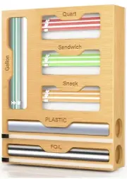 Ziplock Bag Organizer & Foil/Plastic Wrap Dispenser w/Cutter 6 in 1 -Bamboo Wood