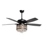 52" Matte Black Indoor Crystal Ceiling Fan Metal Bowl Light Remote Control