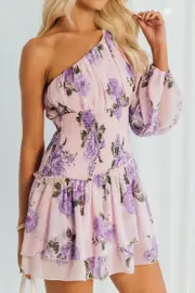 Pink Floral One Shoulder Balloon Sleeve Layered Skater Dress - Size 8, Women's Skater Dress