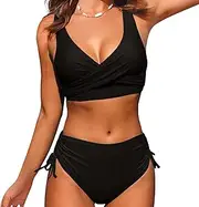 [UoQo] Women's High Waisted Bikini Set Two Piece Tummy Control Swimsuit Bikini Top with Drawstring Bikini Bottoms Swimming Costume, Black, M