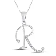 14k White Gold Round Diamond R Initial Letter Pendant 1/12 Cttw