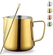 Kyraton Milk Frothing Pitcher 12oz - 350ml, Stainless Steel Espresso Steaming Pitchers with Decorating Pen,Milk Coffee Frother Cups Cappuccino Latte Art Barista Steam Pitchers Milk Jug Cup (Gold)