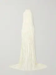 [Danielle Frankel] Danielle Frankel - Sinclair Embellished Wool And Silk-blend Plissé-mikado Halterneck Gown - Ivory - US6 US 6 Ivory