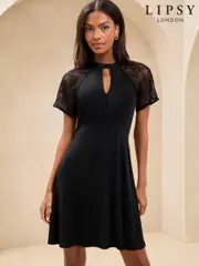 Lipsy Black Lace Short Sleeve Keyhole Jersey Mini Dress (AN5094) | $104