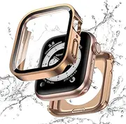 GEITOO 2 in 1 Waterproof Case for Apple watch Series 9 8 7 45mm, Straight Edge PC Front & Back Bumper with Tempered Glass Screen Protector 360 Protective Cover for iWatch (45mm, Rose Gold)