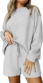 [FUPHINE] Women 2 Piece Outfits Sweatsuit Lounge Sets Long Sleeve Top and Shorts Matching Sets Casual Tracksuit with Pockets