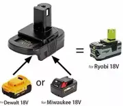 Converter Adapter - Dewalt and Milwaukee Battery to Ryobi 18V ONE+ tools + USB