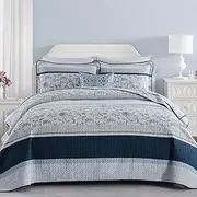 SOElinens Floral King Size Quilt - 100% Cotton Striped Patchwork Navy/Blue King Quilt, Lightweight Spring Botanical Flower Print Bedspread, Vintage Decor Coverlet for King Bed, All-Season, 98x106