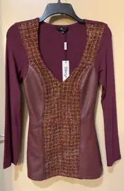 NWT Sky Brand Long Sleeve Wool Rayon Leather Blend Top Blouse Burgundy size M