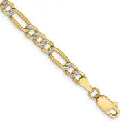 14K Yellow & Rhodium 7 Inch 3.9mm Semi-Solid With Pav Figaro Lobster Clasp Bracelet