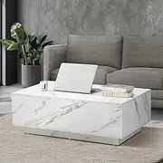 Oikiture Marble Coffee Table Wooden Side Table for Sofa Cafe White
