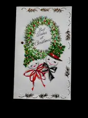 1 VTG Xmas Greeting Card Handsome Snowman & Cute Snow Lady In Holy Hats & Bows
