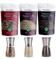 Viva Doria Essentials: Whole Tellicherry, Rainbow & White Peppercorn + Grinders