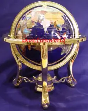 Unique Art 13" Tall Blue Ocean Table Top Gemstone World Globe Tripod Leg Gold