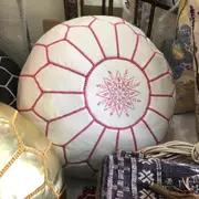 Marrakech Bliss Moroccan Leather Pouffe in White with Pink Stitching