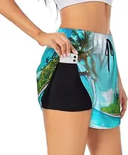[WURTON] Tropical Ocean Beach Theme Print Exercise Gym Workout Shorts Women's Athletic Shorts Dual-Layered Yoga Running Shorts