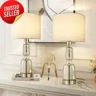 Set of 2 Dimmable Bedside Table Lamp 3-Way Touch Control 61cm White Fabric Shade