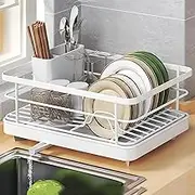 QuokkaChic Dish Drying Rack with 360° Rotating Drainer Board, Strong Carbon Steel Dish Drainer with Cutlery Utensil Rack & Holders for Kitchen Storage & Organisation, 30 cm x 38 cm, White
