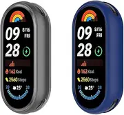 Accessories for Xiaomi Smart Band 9/8 NFC Case, Sport Strap Cover Full Protective Silicone Skin, Screen Protection Compatible With Mi Band 9/8 (2 Pack J)