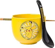 Silver Buffalo Pokemon Pikachu Lightning Ceramic Ramen Bowl with Chopsticks and Spoon, 20 Ounces, Yellow/Multi