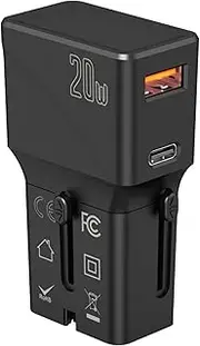 7Pandas International Travel Power Adapter, Mini All-in- One, PD 20W & QC3.0 Type-C Wall European Plug Adaptor Universal Outlet Converter