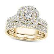 1.0 CT. T.W. Natural Diamond Double Frame Multi-Row Bridal Engagement Ring Set in Solid 14K Gold