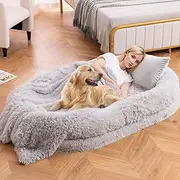 Costway Human Dog Bed, Washable Fluffy Faux Fur Nap Bed Fits Pets & People Adults Doze Off, Orthopedic Dog Bed w/Soft Blanket, Present Plump Pillow, Human-Sized Giant Calming Dog Bed (Grey)