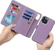 [Cavor] for iPhone 12 Case,for iPhone 12 Pro Case[6.1 inch] PU Leather Folio Flip Cover Kickstand 2 in 1 Detachable Wallet Magnetic Case Zipper Coin Pocket 6 Card Slots-Purple