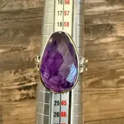 Natural Amethyst Faceted Teardrop Solitaire Sterling Silver Statement Ring Sz 10