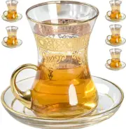 Turkish Tea Glasses Cups Set of 6 and Saucers Glassware, Moroccan Tea Glasses, G