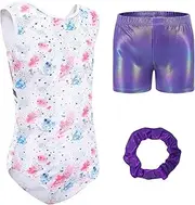 [NEAWEALY] Athletic Bodysuit Girls Gymnastics Leotards Kids Gymnastics Long Sleeve/Sleeveless Leotards Dance Jumpsuit Sparkly Ballet Outfit Shorts Hairbands Set 3Pcs for 5-12 Years