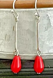 Little Silver & Vintage Scarlet Red Teardrop Dangle Earrings. Boho Chic.