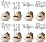Rsstarxi 24 Pack 13th Birthday Cupcake Toppers Glitter Hello Cheers to 13 Cupcake Toppers 13 Official Teenager Thirteen Cupcake Picks for Happy 13th Birthday Anniversary Party Cake Decorations Silver