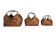 Brown Woven Seagrass Baskets with Leather Handles (Set of 3 Sizes) Wicker Non...