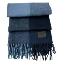在飛比找Yahoo奇摩購物中心優惠-COACH 皮牌LOGO大格紋羊毛流蘇圍巾(深藍格紋)