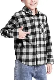 [Flygo] Boys Girls Flannel Plaid Shirt Kids Long Sleeve Button Down Casual Shirt with Pockets