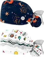 [YTYVAGT] 2-Pc,Nurse Scrub Caps,Scrub Hats with Buttons and Cotton Sweatband,Cute Abstract Fox