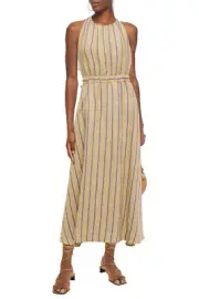 RRP €330 SANDRO Taila A-Line Dress FR42 US10 UK14 XL Linen Blend Striped Slit