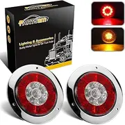 Partsam 4" Inch Round Truck Trailer Led Tail Stop Brake Lights Taillights Running Red and Amber Parking Turn Signal Lights, Sealed Dual Color Round Led Lights w/Miro-reflectors Flange Mount (2Pack)