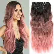 20 Inch Clip in Hair Extensions Long Wavy Synthetic Hair Extensions Thick Pink Hair Extension Clip ins Double Weft Hair Extension for Women