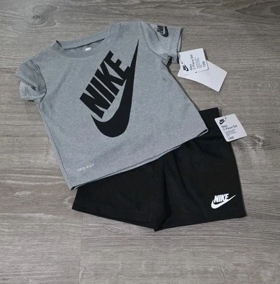 Nike Baby Boy 2 Piece T-Shirt & Shorts Set DRI-FIT Gray Black White Sz 18M