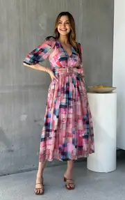 Posey Pink/Blue Print Belted Long Sleeve Midi Dress