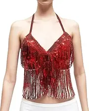 ZUYPSK Women's Sequin Bra Belly Dance Costume Top Latin Halterneck Tops Women Dance Tassel Top Bikini Yoga Party Clubwear (Red, One Size)